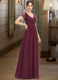 Sanai A-Line V-neck Floor-Length Chiffon Bridesmaid Dress With Lace UKP0016623