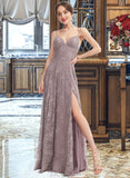 Lillie A-Line V-neck Floor-Length Lace Bridesmaid Dress With Split Front UKP0016626