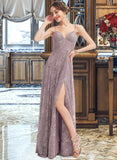 Lillie A-Line V-neck Floor-Length Lace Bridesmaid Dress With Split Front UKP0016626