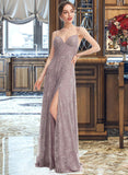 Lillie A-Line V-neck Floor-Length Lace Bridesmaid Dress With Split Front UKP0016626