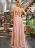 Britney A-line V-Neck Floor-Length Chiffon Bridesmaid Dress With Ruffle UKP0016629