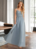 Brynn A-line V-Neck Floor-Length Chiffon Lace Bridesmaid Dress With Ruffle UKP0016631