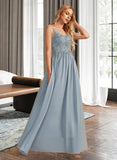 Brynn A-line V-Neck Floor-Length Chiffon Lace Bridesmaid Dress With Ruffle UKP0016631