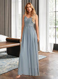 Brynn A-line V-Neck Floor-Length Chiffon Lace Bridesmaid Dress With Ruffle UKP0016631