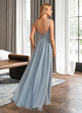 Brynn A-line V-Neck Floor-Length Chiffon Lace Bridesmaid Dress With Ruffle UKP0016631