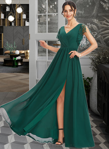 Everleigh A-Line V-neck Floor-Length Chiffon Bridesmaid Dress With Lace Split Front UKP0016632