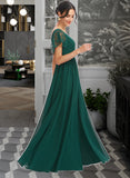 Everleigh A-Line V-neck Floor-Length Chiffon Bridesmaid Dress With Lace Split Front UKP0016632