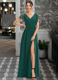 Everleigh A-Line V-neck Floor-Length Chiffon Bridesmaid Dress With Lace Split Front UKP0016632