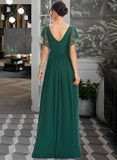 Everleigh A-Line V-neck Floor-Length Chiffon Bridesmaid Dress With Lace Split Front UKP0016632