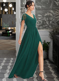 Everleigh A-Line V-neck Floor-Length Chiffon Bridesmaid Dress With Lace Split Front UKP0016632