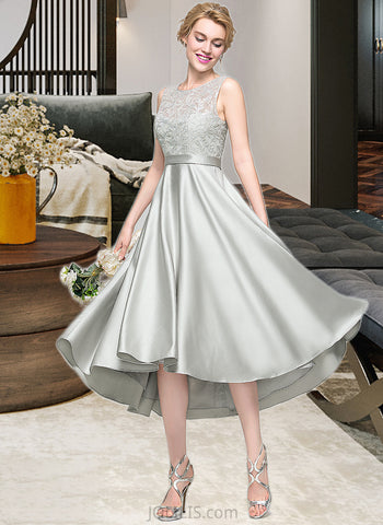 Hedda A-Line Scoop Neck Asymmetrical Satin Lace Bridesmaid Dress UKP0016634