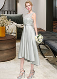 Hedda A-Line Scoop Neck Asymmetrical Satin Lace Bridesmaid Dress UKP0016634