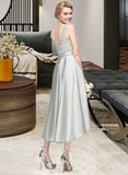 Hedda A-Line Scoop Neck Asymmetrical Satin Lace Bridesmaid Dress UKP0016634