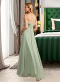 Henrietta A-Line V-neck Floor-Length Chiffon Bridesmaid Dress With Ruffle UKP0016637