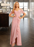 Ashanti A-Line V-neck Floor-Length Chiffon Bridesmaid Dress With Ruffle Split Front UKP0016639