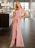 Ashanti A-Line V-neck Floor-Length Chiffon Bridesmaid Dress With Ruffle Split Front UKP0016639