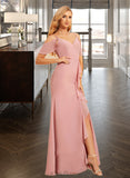 Ashanti A-Line V-neck Floor-Length Chiffon Bridesmaid Dress With Ruffle Split Front UKP0016639