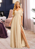 Kenley A-Line V-neck Floor-Length Tulle Bridesmaid Dress With Split Front UKP0016640