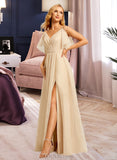 Kenley A-Line V-neck Floor-Length Tulle Bridesmaid Dress With Split Front UKP0016640