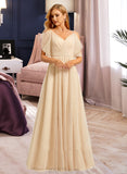 Kenley A-Line V-neck Floor-Length Tulle Bridesmaid Dress With Split Front UKP0016640