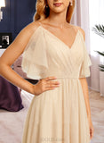 Kenley A-Line V-neck Floor-Length Tulle Bridesmaid Dress With Split Front UKP0016640