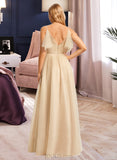 Kenley A-Line V-neck Floor-Length Tulle Bridesmaid Dress With Split Front UKP0016640