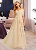 Kenley A-Line V-neck Floor-Length Tulle Bridesmaid Dress With Split Front UKP0016640