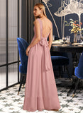 Noemi A-Line V-neck Floor-Length Chiffon Bridesmaid Dress With Ruffle Bow(s) UKP0016642