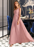 Noemi A-Line V-neck Floor-Length Chiffon Bridesmaid Dress With Ruffle Bow(s) UKP0016642