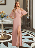 Madyson Sheath/Column High Neck Floor-Length Chiffon Bridesmaid Dress With Split Front UKP0016643