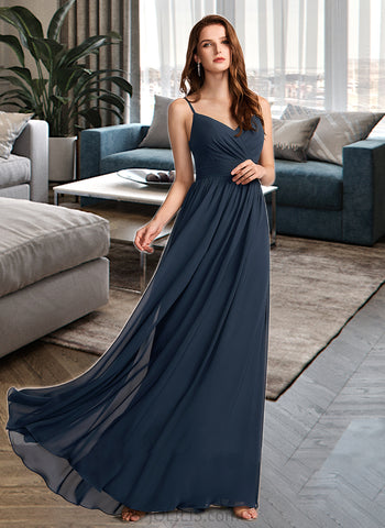 Hailie A-Line V-neck Floor-Length Chiffon Bridesmaid Dress With Lace UKP0016646