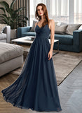 Hailie A-Line V-neck Floor-Length Chiffon Bridesmaid Dress With Lace UKP0016646