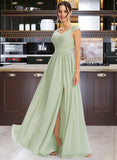 Ayanna A-Line V-neck Floor-Length Chiffon Bridesmaid Dress With Lace Split Front UKP0016647