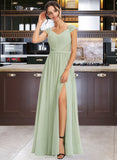 Ayanna A-Line V-neck Floor-Length Chiffon Bridesmaid Dress With Lace Split Front UKP0016647