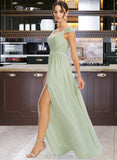 Ayanna A-Line V-neck Floor-Length Chiffon Bridesmaid Dress With Lace Split Front UKP0016647