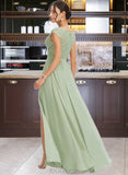 Ayanna A-Line V-neck Floor-Length Chiffon Bridesmaid Dress With Lace Split Front UKP0016647