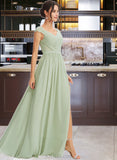 Ayanna A-Line V-neck Floor-Length Chiffon Bridesmaid Dress With Lace Split Front UKP0016647