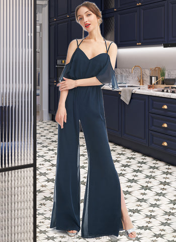 Selah Jumpsuit/Pantsuit V-neck Floor-Length Chiffon Bridesmaid Dress With Ruffle UKP0016648