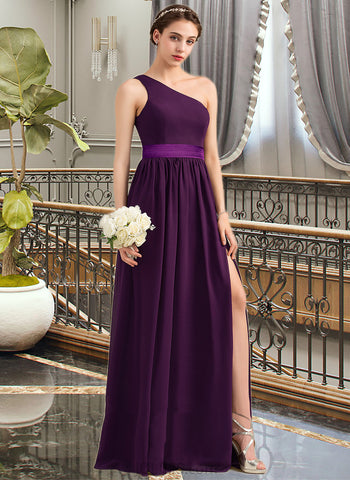 Vera A-Line One-Shoulder Floor-Length Chiffon Charmeuse Bridesmaid Dress With Ruffle Split Front UKP0016651