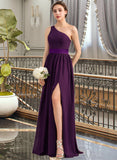 Vera A-Line One-Shoulder Floor-Length Chiffon Charmeuse Bridesmaid Dress With Ruffle Split Front UKP0016651