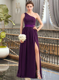 Vera A-Line One-Shoulder Floor-Length Chiffon Charmeuse Bridesmaid Dress With Ruffle Split Front UKP0016651