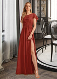 Abagail A-Line High Neck Floor-Length Chiffon Bridesmaid Dress With Ruffle Split Front UKP0016656