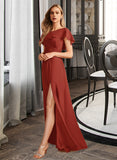 Abagail A-Line High Neck Floor-Length Chiffon Bridesmaid Dress With Ruffle Split Front UKP0016656