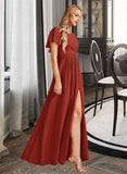 Abagail A-Line High Neck Floor-Length Chiffon Bridesmaid Dress With Ruffle Split Front UKP0016656