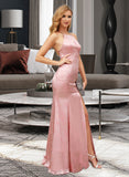 Undine Trumpet/Mermaid High Neck Floor-Length Satin Bridesmaid Dress With Split Front UKP0016660