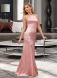 Undine Trumpet/Mermaid High Neck Floor-Length Satin Bridesmaid Dress With Split Front UKP0016660