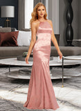 Undine Trumpet/Mermaid High Neck Floor-Length Satin Bridesmaid Dress With Split Front UKP0016660