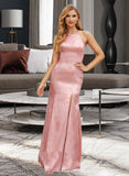 Undine Trumpet/Mermaid High Neck Floor-Length Satin Bridesmaid Dress With Split Front UKP0016660