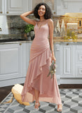 Urania Trumpet/Mermaid V-neck Asymmetrical Chiffon Bridesmaid Dress With Ruffle UKP0016661