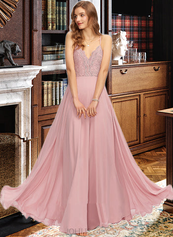 Stella A-line V-Neck Floor-Length Chiffon Lace Bridesmaid Dress UKP0016663